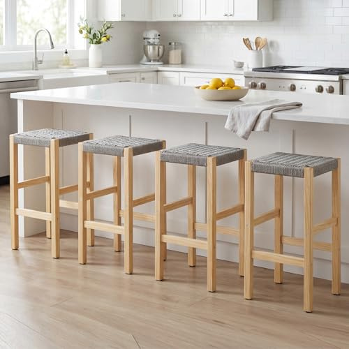 chairus 4er-Set Holz Barhocker, Seilgeflechte Sitzfläche, Grau | Landhaus-Küchenhocker mit stabilem Holzgestell und stilvollem Seilgeflecht, als Barstuhl für Kücheninsel/Bistro/Esszimmer
