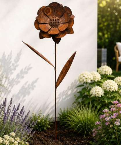 Terma Stahldesign Rost 3D Sonnenblume XXL Gartenstecker 160 cm Edelrost Blume Gartendeko Metall Rostblume Gartenfigur Handmade Germany