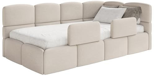 Selsey Jugendbett 120x200cm Creme Chenille Stoff mit Stauraum und Lattenrost, Polsterbett mit Bettkasten, Kinderbett mit 2 Schutzbarrieren, Jugendbett rechtsseitig mit gepolstertem Eckkopfteil