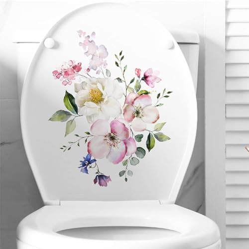 GarveeMore Stickers déco WC (abattant + lunette) - Fleurs & feuilles vertes - Auto-adhésifs, PVC imperméable amovible - Pose facile - 23,5 x 29 cm