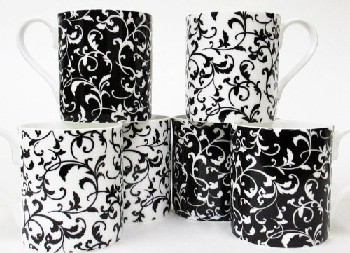 fromeuropewithlove Venetian Black and White Balmoral Fine Bone China Mugs Set of 6 Hand Decorated in the UK FREE UK Delivery