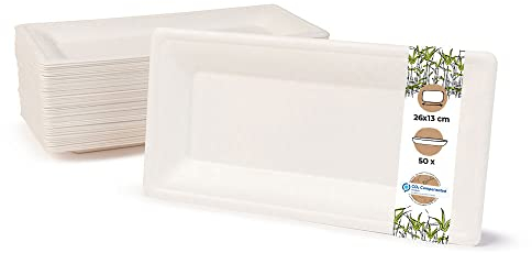 BIOZOYG Einweggeschirr Zuckerrohr Einwegteller kompostierbar I 50 Stück Partyteller rechteckig 26 x 13 cm weiß I biologisch abbaubare Teller aus Zuckerrohr für Vorspeisen Häppchen Antipasti Steak