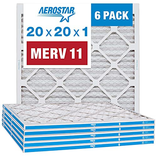 Aerostar 20x20x1 MERV 11 Pleated Air Filter, AC Furnace Air Filter, 6 Pack (Actual Size: 19 3/4x 19 3/4 x 3/4)