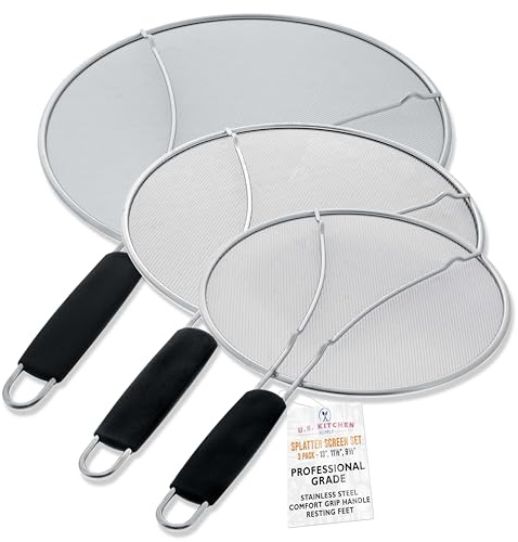 U.S. Kitchen Supply 3-Piece Stainless Steel Splatter Guard Set (13, 11.5, 9.5) Fine Mesh Cover, Grease & Oil, Splatter Screen for Frying Pan, Cooking Pots, with Resting Feet & Comfort Grip Handles