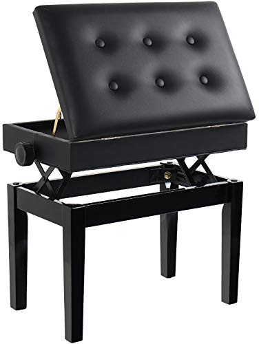 GRANDMA SHARK Piano Stool, Dressing Table Stool, Height Adjustable, Single Seat Keyboard Bench with Storage Compartment, Soft Faux Leather Padded Seat (Black Button)