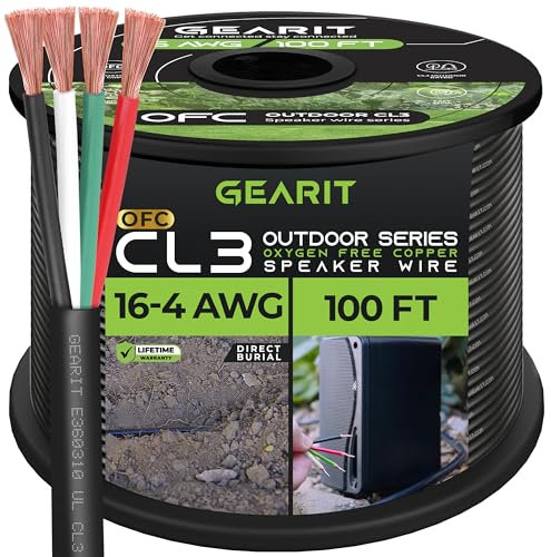 GearIT 16/4 Speaker Wire (100 Feet) 16AWG Gauge, Black 4-Conductors/Outdoor Direct Burial in Ground/in Wall / CL3 CL2 Rated - OFC Oxygen-Free Copper, Black 100ft