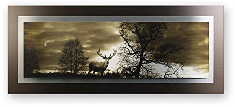 Kreative Feder 3D Metallic-Wandbild aus gebürstetem Alu-Verbund | Hirsch im Wald | modernes Designer Bild in XXL | 100 x 40 cm
