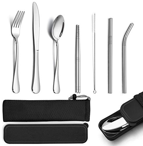 TEAMFAR Campingbesteck, 9-teilige Outdoor Reisebesteck Wanderbesteck aus Edelstahl, Picknick Besteck Set mit Messer Gabel Löffel, Essstäbchen, Metallstrohhalme, Reinigungsbürste, Schwarz Etui & Tasche