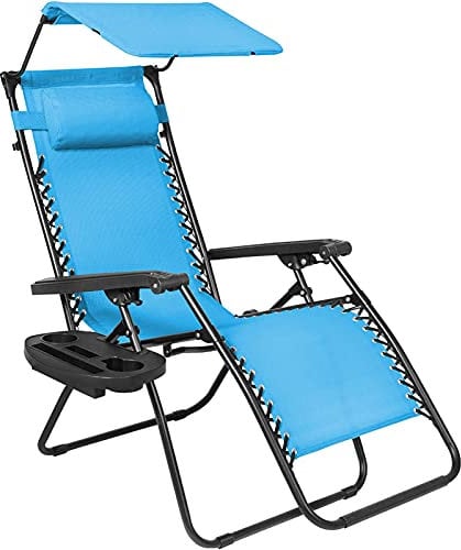 Zero Gravity Liege mit Sonnendach, Klappbar Sonnenliege mit Kopfkissen, Klappbare Gartenliege mit Ablage, für Garten Balkon Strand Campingurlaub