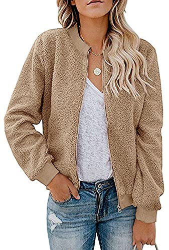 MIROL Sherpa-Fleece-Jacke für Damen, flauschig, langärmelig, lässig, mit Reißverschluss, Khaki, Small