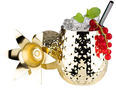 Vaso de cóctel en forma de piña dorado con tapa, incluye pajita de metal.