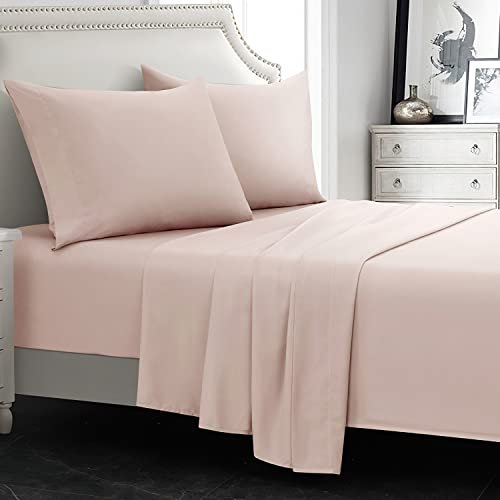 Parure de Lit 100% Microfibre - Ensemble 3 Pièces Couleur Unie - 1 x Drap Housse 90x190 cm 1 Personne avec Grand Bonnet de 35 cm, 1 x Drap Plat et 1 x Taie d'oreiller, Rose Poudré