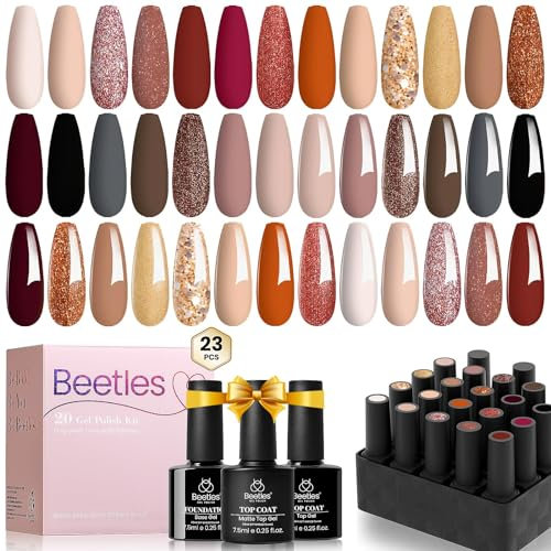 beetles Gel Polish 23Pcs Verse of Roses Nude Pink Brown Burgundy Red Gel Nail Polish Kit Colors with Base Top Coat Verse of Roses Kit Gel Polish Set Golden Glitter
