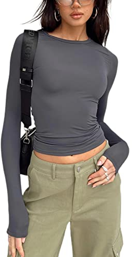 Geagodelia Women's Long Sleeve T-Shirt Ladies Sexy Crop Top Y2K Fashion Aesthetic Clothes Going Out Outfit Skims Dupe Club Party Streetwear Spring Summer (A - Grey, S)