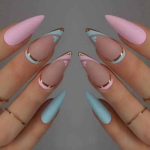 JUSTOTRY 24 Pcs Mat Amande Faux Ongles Court avec Coeur,Pink et Bleu French Press on Nails Courts,Stiletto Faux Ongle Moyen avec Colle Pour Femme et Ado,Almond Faux Ongles à Coller Nail Art