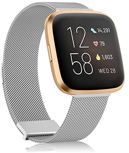 AK Armband Kompatibel mit Fitbit Versa 2/Fitbit Versa/Fitbit Versa Lite Armband, Edelstahl Metall Ersatzarmband mit Verbesserter Magnet für Damen Herren (Silber)