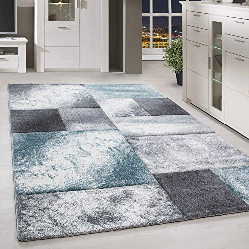 HomebyHome Teppich Wohnzimmer 280x370 cm Blau Kariert Konturschnitt Design - Schlafzimmer Teppich Kurzflor Extra Weich Pflegeleicht Teppiche für Küche Esszimmer Jugendzimmer - Carpet Living Room