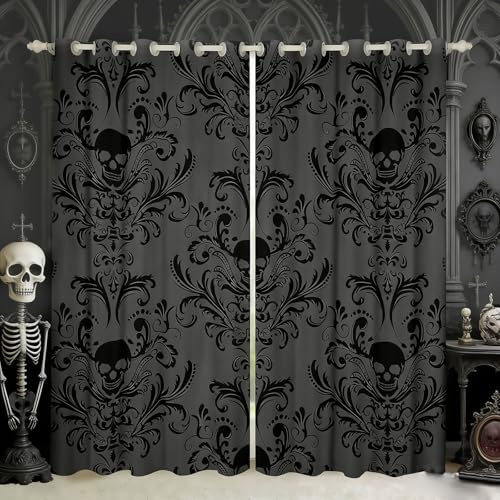 Schwarze Damast-Verdunkelungsvorhänge, antiker viktorianischer Barock, Gothic, Vintage, Blumenvorhänge und Vorhänge, exotischer Zuckerschädel, Fensterbehandlungen, 2 Paneele, 96,5 cm B x 45 L, Gothic