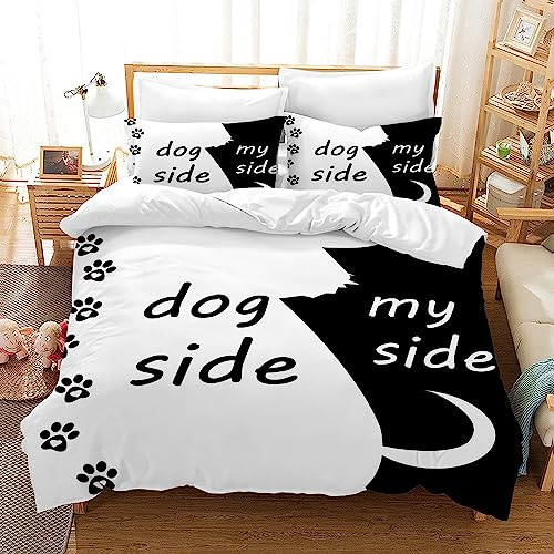 UGZDEA Hundeseite und Meine Seite Bettbezug Set 220x240cm, Bettwäsche 3 Stück Set Schwarz Weiß Weiches Mikrofaser Steppbrett Set für Erwachsene Schlafzimmer Dekoratio (A, King（220x240cm）)