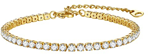 FOCALOOK Tennis Armband Damen Tennis Kette Edelstahl Tennisarmband Gold Zirkonia Armband 18CM Freundschaftsarmband Tennis Bracelet Schmuck Accessoires für Herren