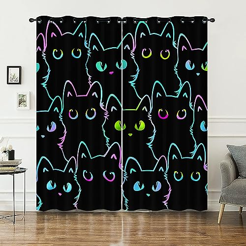 HOSIMA Cartoon-Vorhänge mit Schwarzer Katze,Ösenvorhänge,Set mit 2 Vorhängen,Niedliche Schwarze Katze Bedruckte Vorhänge für Kinder-und Jugendzimmer(Shwarze Katze S)