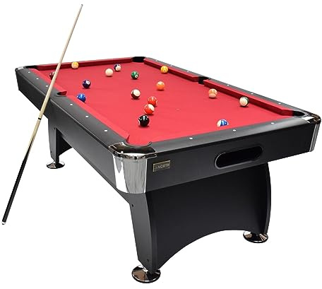 NORTH Gardone Billardtisch Schwarz/Rot 8FT - MDF Spielfeld, Ball Return System, Verstellbare Füße, 145 kg - Inklusive Auswahl, Ballenset, Triangel, Kreide & Pinsel – 244 x 132 cm