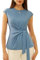 Damen Kurzarmbluse Sommer Rundhalsausschnitt Retro Krawatten Bluse Slim Fit Tunika Elegant Casual Oberteile für Kleid Grau Blau S