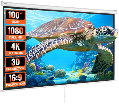VEVOR Schermo di Proiezione Avvolgibile Manuale 100 Pollici 16:9 HD 4K Proiettore Antirughe Tela Ampio Montaggio a Parete Immagine Dettagliata per Home Theater Festa, Telo per Proiettore Avvolgibile
