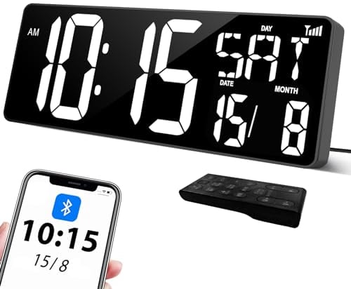 XREXS 17'' Wanduhr Digitale Groß, Bluetooth Automatische Kalibrierungszeit, Helligkeit und Ton einstellbar, Wanduhr Digital Uhr, Wanduhr mit Uhrzeit/Datum/Temperatur für Haus, Küche, Klassenzimmer