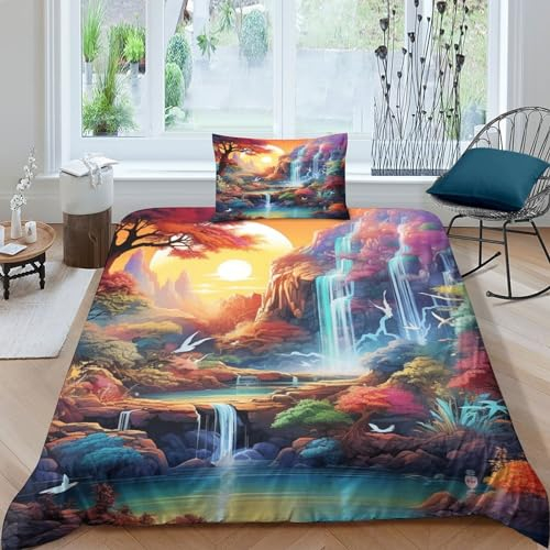 CULPRT Bettwäsche Set Wasserfall-Wunderland,Kinder Jungen Jugendliche 3D Kinderbettwäsche Weiche Bettbezug Und Kissenbezug Mit Reißverschluss 2 Teiliges Single(135x200cm)