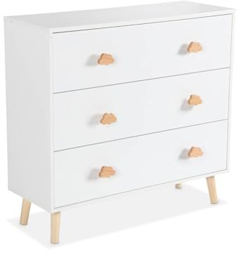 sweeek - Commode Enfant. décor Bois. Blanc. 3 tiroirs. Pieds et poignées Nuage en pin