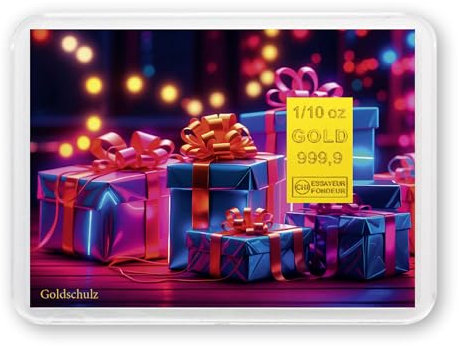 Goldschulz Goldbarren 3,01 Gramm 1/10 OZ Motivbox - Geburtstag Neon Presents - Geschenk + Echtheitszertifikat