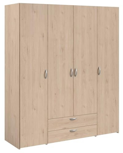 Armoire chambre VARIA - Panneaux de particules - Décor chene et blanc - 4 portes + 2 tiroirs - L 159,9 cm x P 51,3 cm x H 185 c