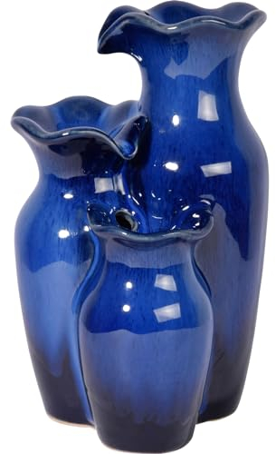 dobar® Kleiner Zimmerbrunnen mit Pumpe im Amphoren-Design dreistufig - Deko Wasserfall aus Keramik Indoor - 14 x 12,5 x 22 cm - Dunkelblau