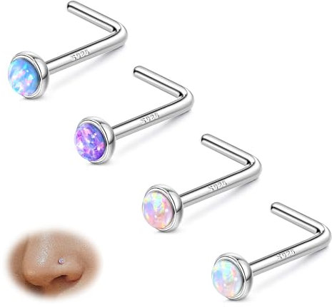 Sllaiss 20G Nasenpiercing Silber 925 Nasenstecker 4 Stücke Opal Nasenpiercing Stecker Piercing Set L Form Nase Piercing Schmuck für Damen Männer Nostril Piercing Schmuck (SILBER 1.5MM)