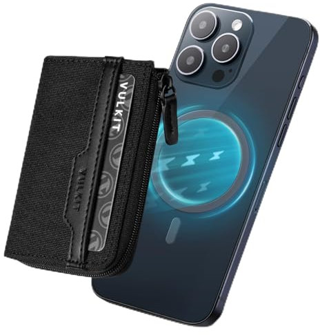 VULKIT Magnetische Kartenhülle, kompatibel mit MagSafe Wallet RFID-blockierender Handy-Kartenhalter für iPhone 15/14/13/12 Serie, Schwarz , Tiefe: 1,98 cm, Breite: 7,66 cm, Höhe: 10,46 cm