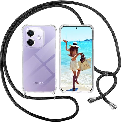 ISOI Funda con Cuerda para OPPO A40/Oppo A40M, Carcasa Transparente TPU Suave Silicona Case con Correa Colgante Ajustable Collar Correa de Cuello Cadena Cordón, Negro