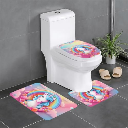 WZYWHJ Badteppich-Set mit Regenbogen-Einhorn, 3er-Set, rutschfest, langlebig, leicht zu reinigen, geeignet für Badezimmer und WC