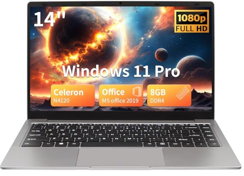 MOREPC 14 Ultra-Slim Lightweight Laptop, Windows 11 Pro, Celeron N4120, 8GB DDR4, Full HD 1080P Display – Perfect for Work and Study (8+128G SSD)