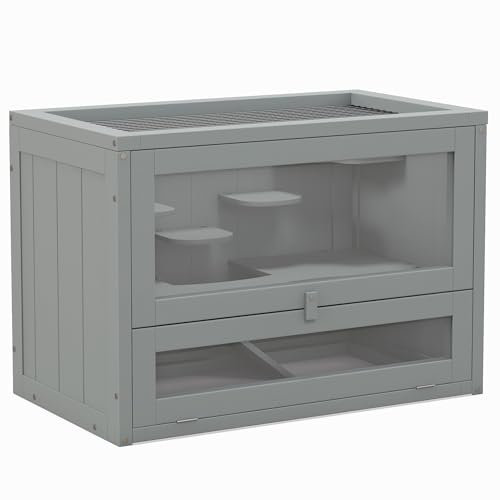 PawHut Jaula para Hámster de Madera de 2 Niveles Casa para Animales Pequeños con Plataformas Escaleras 60x35x42 cm Gris