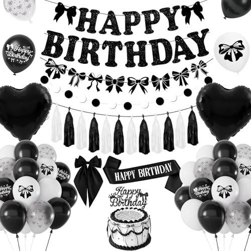 Decoration Anniversaire Fille Femme, Décorations Anniversaire de Fête Nœud Noir, Ballon Noir Blanc, Nœud Theme Bannière Joyeux Anniversair Kit pour 13 16 18 21 30 40