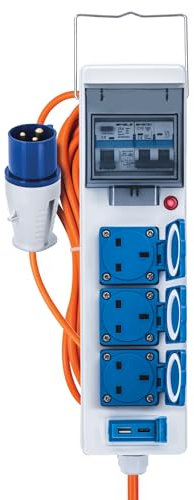 Status 5-in-1 15M Main Unit, 3 Sockets, USB-A & USB-C Ports, 25A RCD, 16A Circuit Breaker, IP44 Weatherproof – Ideal for Camping, Caravans, Motorhomes & Construction Sites (15M16APSU1PK3)