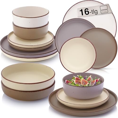 SÄNGER Bombay Erdfarben | Geschirrset 16 teilig, Steingut Geschirr 4 Personen, 4x Speiseteller 4x Dessertteller 4x Schalen 4x Pastateller, Teller Set bunt | VALUE COLLECTION