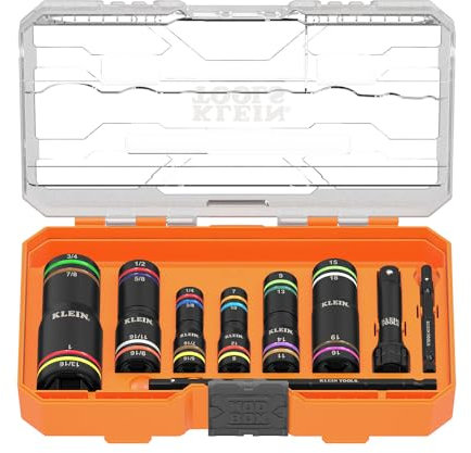Klein Tools 656QS KNECT Quad Socket, 24 Sizes in 6 Sockets, 4-in-1 Color Coded SAE and Metric Impact Rated, Deep-Well Heavy-Duty, 1/4-and 3/8-Inch Drive, 3-1/2-and 6-1/2-Inch Shaft