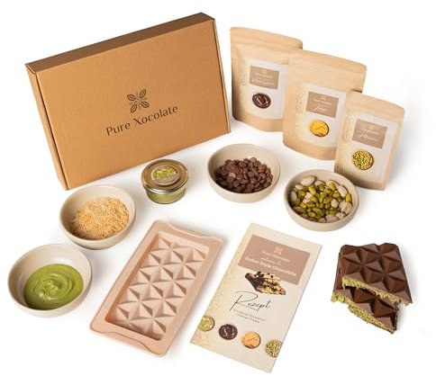 Pure Xocolate Kit de chocolate Dubai DIY – Caja de regalo con chocolate belga, crema de pistacho y pelo de ángel (kadayif) – Incluye molde de silicona – chocolate de lujo para hacer tú mismo