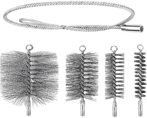 Ofenrohrbürste Set 4 Stück, 30/50/80/150 mm Ofenrohrbürste mit Schubstange und 1m Stahldraht Ofenrohrbürste Schornsteinbesen Set für Schornstein Kamin Ofenrohr Rauchrohr Reinigung