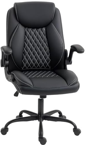 HOMCOM Executive Office Chair with Flip-Up Armrests, PU Leather Computer Desk Chair with Thick Cushion, Tilt Function, Height Adjustable for Home, Black