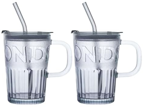 Henrrida 450 Ml Glass Cup with Lid and Straw, Iced Coffee Cup, 2 PCS Matcha Glass, Bubble Tea Cup Suitable for Home and Office, Reusable Water Cup.(Grey)