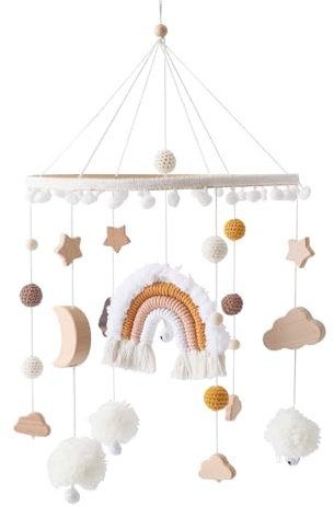 Mobile babybett, Regenbogen Babybett Hölz Windspiele, Mobile Baby Bettglocke Anhänger, Kinderzimmer Hängende Bettglocke, für Babybett Jungen und Mädchen (Braun)