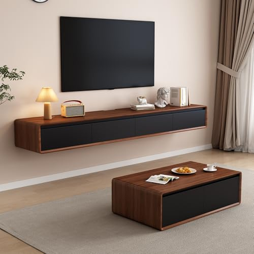 LVRUIEDS Floating TV Unit - Wall Mounted Media Console with 2 Flip-Down Doors & 2 Drawers Entertainment Center TV Cabinet, Video Shelf for Home Room (Walnut & Black, 160CM)